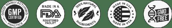BreathEaseX certifications — GMP, FDA-registered, 100% Natural, Made in USA, Non-GMO